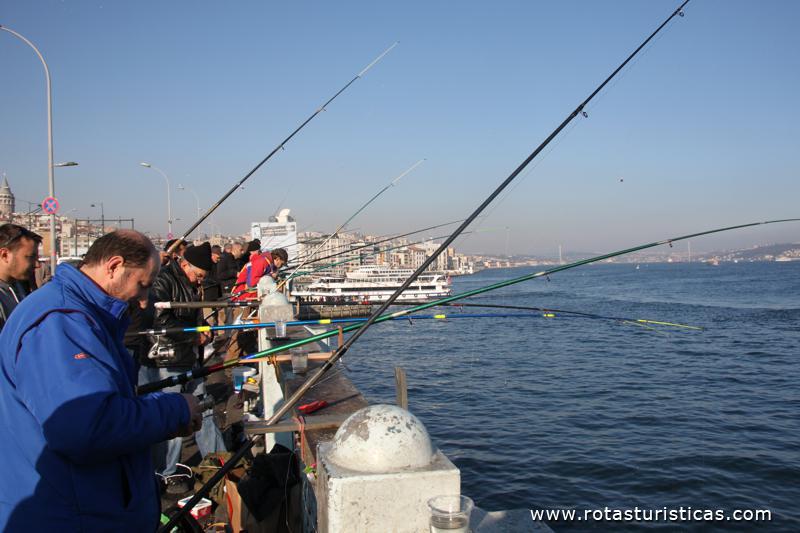 Pescadores na ponte sobre o canal de Bósfaro, Istanbul, Turkey